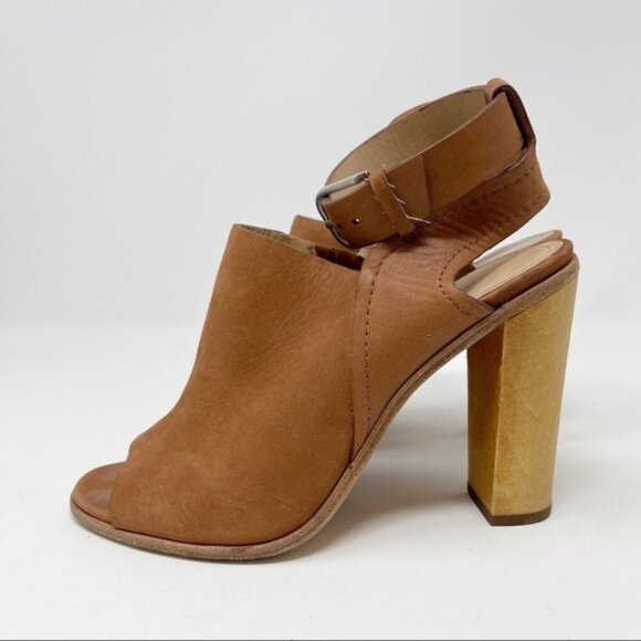 Pour La Victoire Suede Tan Brown 4" Wood Block Heel Peep Toe Mule Ankle Strap 6 - Picture 4 of 12